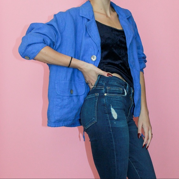 VTG 90s NWT Chico's Mediterranean Blue 100% Linen 'Railroad' Jacket Size 3 - Picture 4 of 13